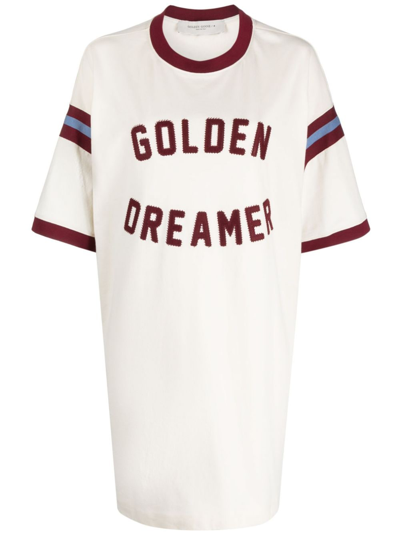 Shop Golden Goose Slogan-appliqué Cotton T-shirt Dress In White