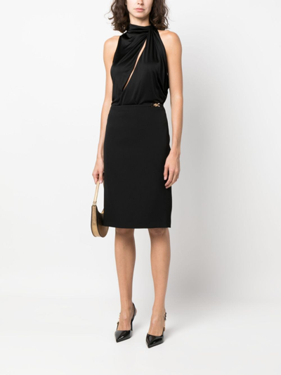 Versace Black Midi Skirt With Side Slit In Stretch Wool Woman In Black