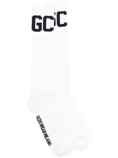 Shop Gcds Logo-jacquard Ribbed Socks In White