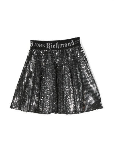 Shop John Richmond Junior Logo-waistband Squinned Pleated Skirt In Silver