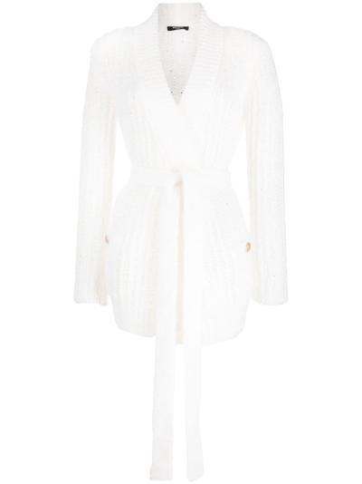 Shop Balmain Sequin-embellished Mohair-blend Cardigan In White