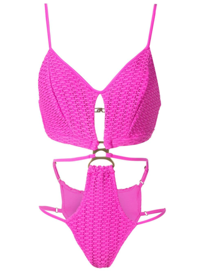 Shop Amir Slama Woven Cut-out One-piece In Pink