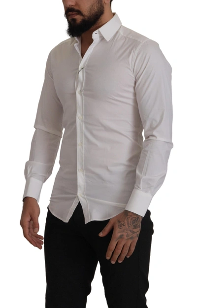 Shop Dolce & Gabbana White Stretch Gold Slim Fit Dress Men's Shirt