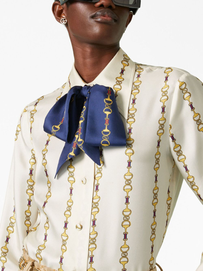 Shop Gucci Horsebit-print Silk Shirt In White