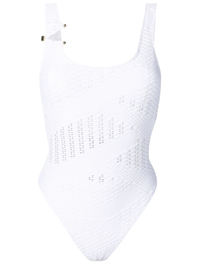 Shop Amir Slama Open-knit Square-neck One-piece In White