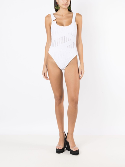 Shop Amir Slama Open-knit Square-neck One-piece In White