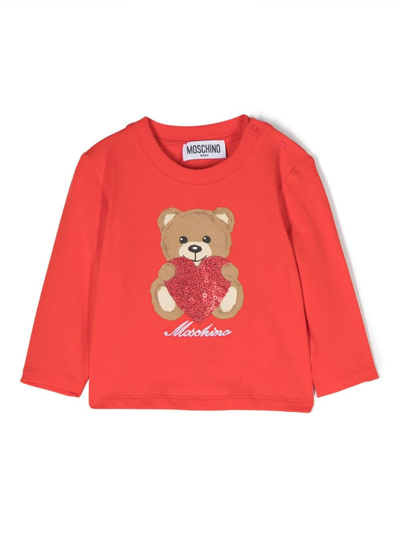 Shop Moschino Leo Teddy-print Stretch-cotton T-shirt In Red