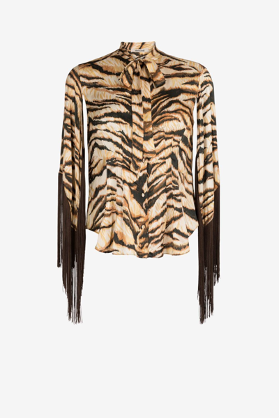 Shop Roberto Cavalli Fringed Tiger-print Shirt In Neutrals
