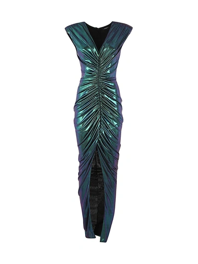 Shop Balmain Irisdescent Jersey Draped Long Dress Clothing In Metallic