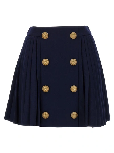 Shop Balmain Logo Button Pleated Skirt In Blue