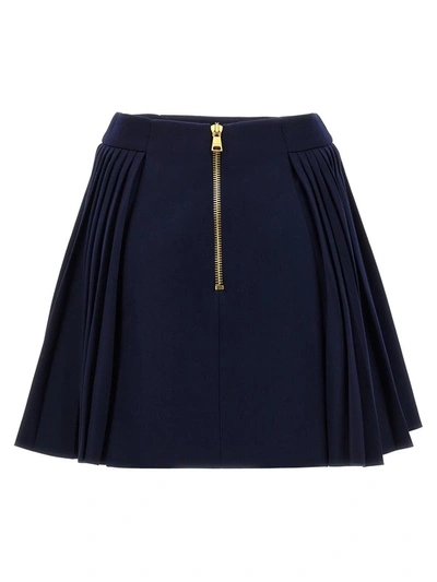 Shop Balmain Logo Button Pleated Skirt In Blue