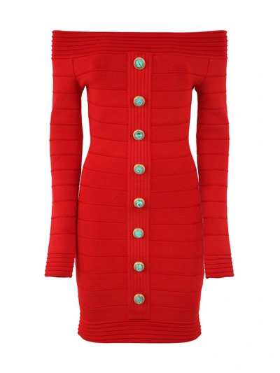 Shop Balmain Ls Off Shoulder Ribbed Knit Short Dress Clothing In Red
