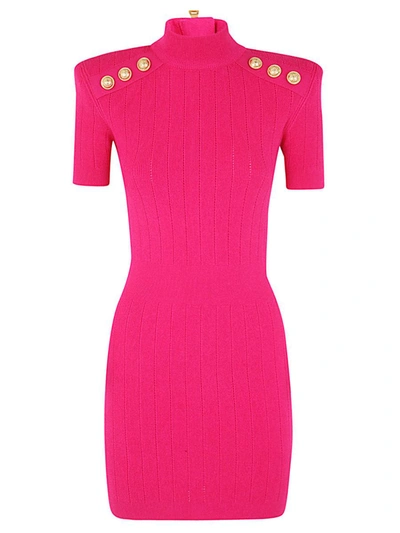 Shop Balmain Ss High-neck Buttoned Knit Short Dress Clothing In Pink &amp; Purple