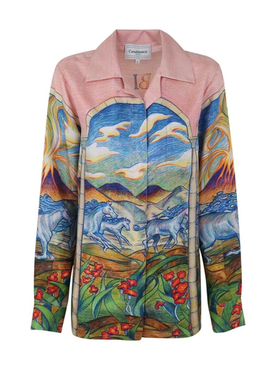 Shop Casablanca Cuban Collar Silk Long Sleeve Shirt Clothing In Multicolour