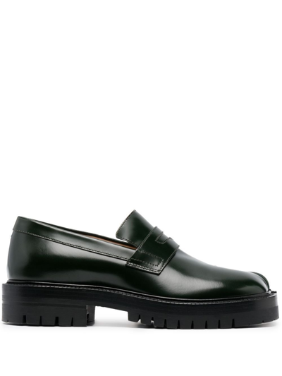 Shop Maison Margiela Green Tabi Leather Loafers In Brown