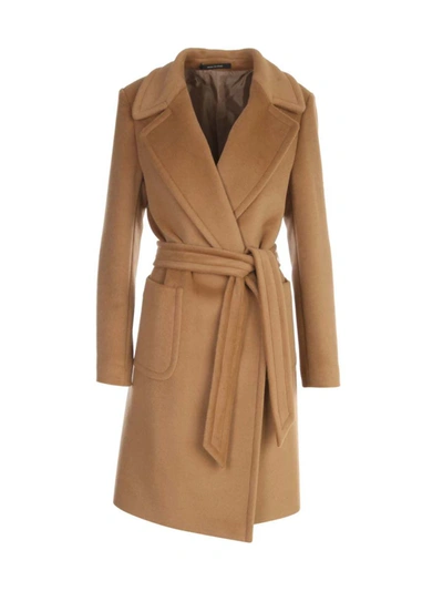 Shop Tagliatore Long Coat W/belt Clothing In Brown