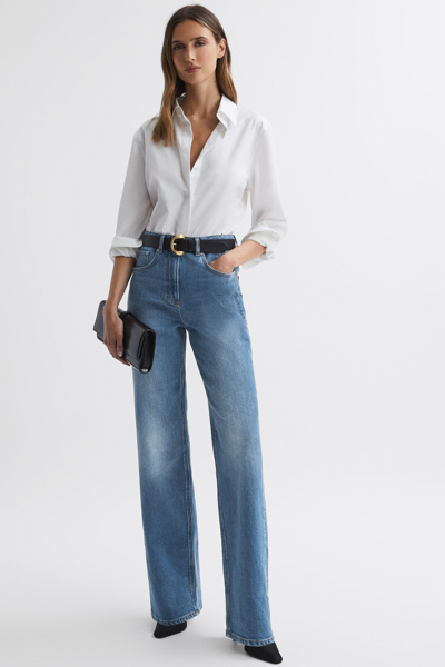 Shop Reiss Marion - Mid Blue Mid Rise Wide Leg Jeans, 29