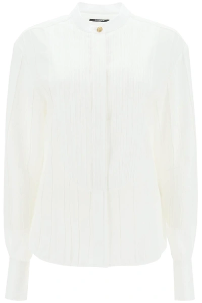 Shop Balmain Pleated Bib Shirt In Blanc (white)