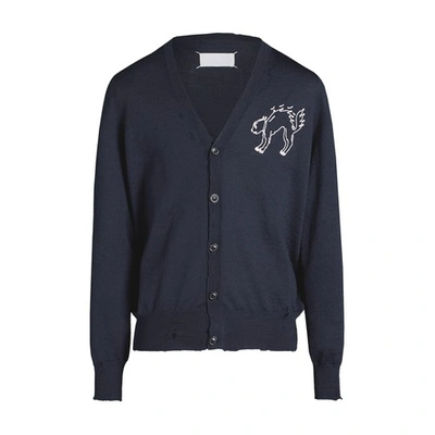 Shop Maison Margiela Embroidered Wool Cardigan In Navy