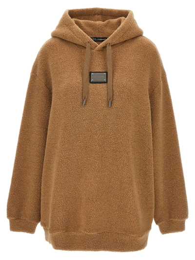 Shop Dolce & Gabbana Teddy Hoodie Sweatshirt Beige