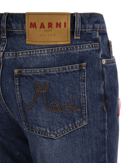 Shop Marni Denim Flare Trousers With Knitted Appliqués In Dark Denim