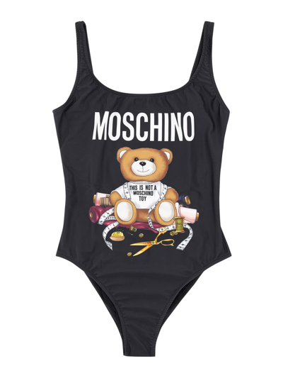 Shop Moschino Teddy Print One Piece Swimsuit In Nero
