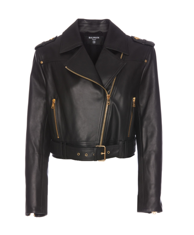 Balmain Cropped Leather Biker Jacket In Black
