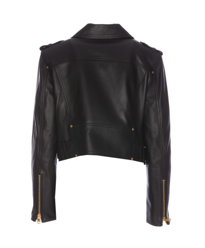 Balmain Cropped Leather Biker Jacket In Black