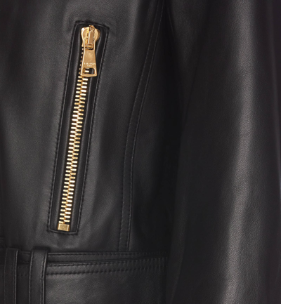 Balmain Cropped Leather Biker Jacket In Black