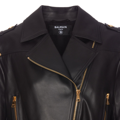 Balmain Cropped Leather Biker Jacket In Black