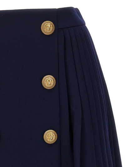 Shop Balmain Logo Button Pleated Skirt In Blue