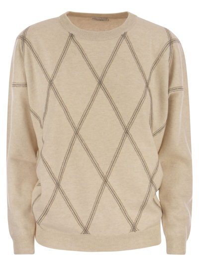 Shop Brunello Cucinelli Crew-neck Sweater In Virgin Wool, Cashmere And Silk In Sand