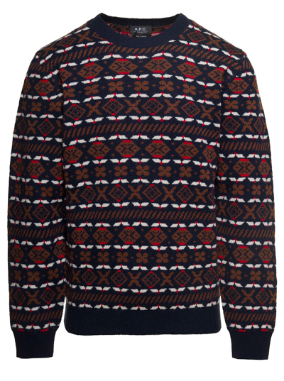 Shop Apc John Multicolor Crewneck Sweater With Intarsia Knit In Wool Man In Blu