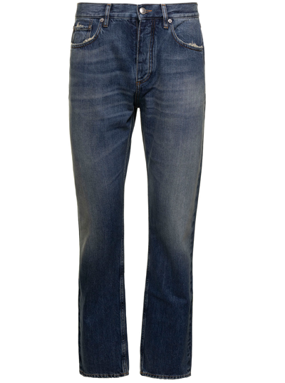 Shop Burberry Harison Blue Five-pocket Straight Jeans With Logo Patch In Cotton Denim Man