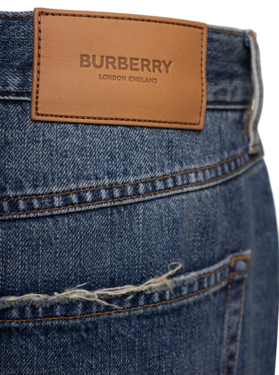 Shop Burberry Harison Blue Five-pocket Straight Jeans With Logo Patch In Cotton Denim Man