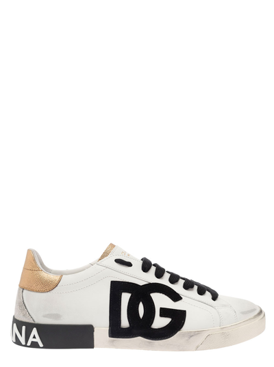 Shop Dolce & Gabbana Portofino White Low Top Sneakers With Logo Patch And Used Effect In Leather Man