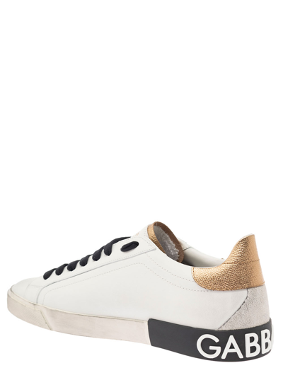 Shop Dolce & Gabbana Portofino White Low Top Sneakers With Logo Patch And Used Effect In Leather Man