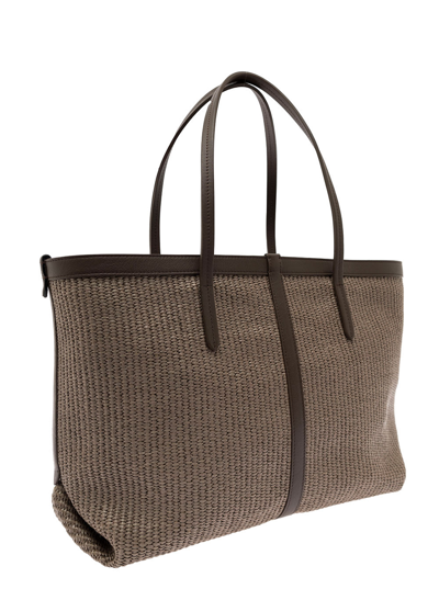 Shop Brunello Cucinelli Beige Tote Bag With Monile Detail In Woven Rafia Woman In Grey