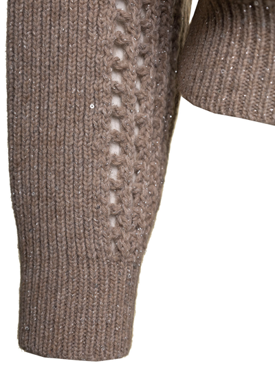 Shop Brunello Cucinelli Beige Open-work Knit Sweater With All-over Mini Paillettes In Wool And Cashmere Woman