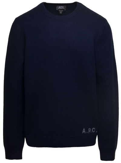 Shop Apc Edward Blue Crewneck Sweater With Embroidered Logo In Wool Man