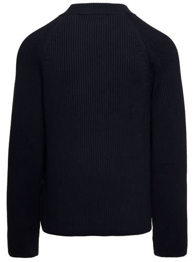 Shop Ami Alexandre Mattiussi Dark Blue Crewneck Ribbed Sweater With Tonal Logo Patch In Wool And Cotton Man