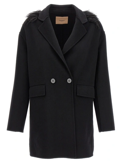 Shop Twinset Feather Double Breast Coat Coats, Trench Coats Black