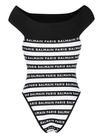Shop Balmain Logo-tape Off-shoulder Swimsuit In White