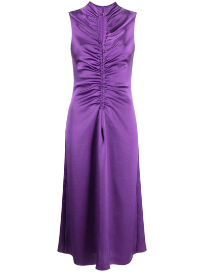 Shop Sandro Ruched Cut-out Satin Dress In Purple