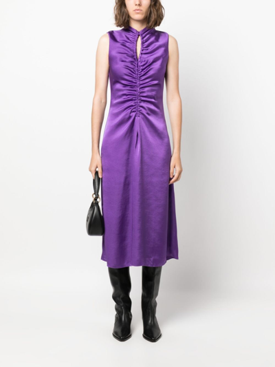 Shop Sandro Ruched Cut-out Satin Dress In Purple
