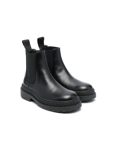 Versace Round-toe Leather Ankle Boots In Black