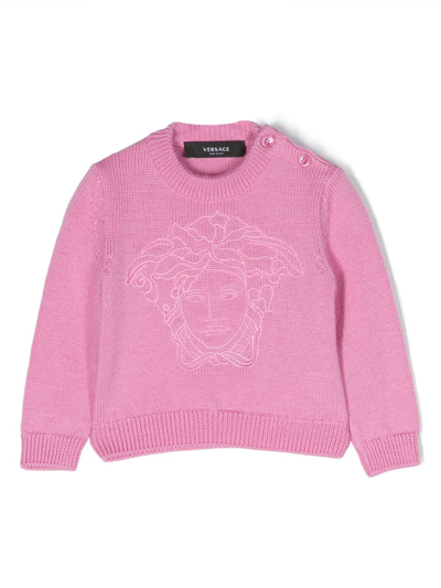 Shop Versace Medusa Head Embroidered Jumper In Pink
