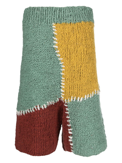 The Elder Statesman Green Patchwork Organic Cotton Knitted Shorts In Green