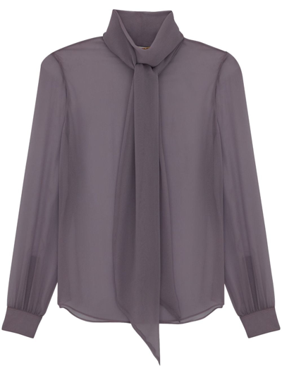 Shop Saint Laurent Pussy-bow Silk Shirt In Grey