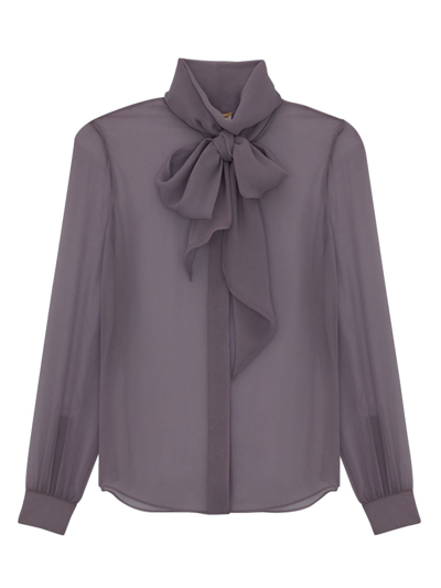 Shop Saint Laurent Pussy-bow Silk Shirt In Grey